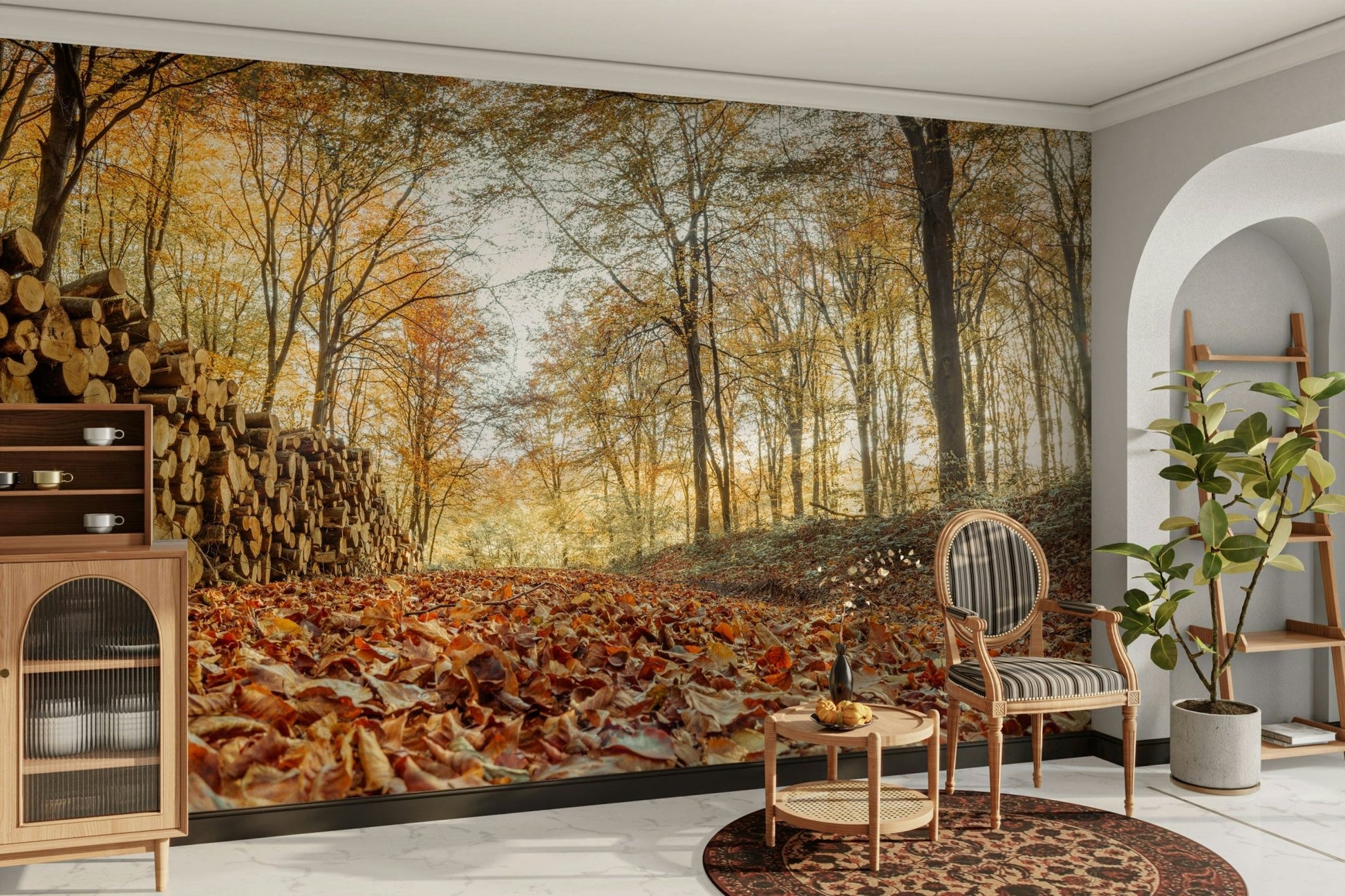Fall forest mural with natural wood textures


