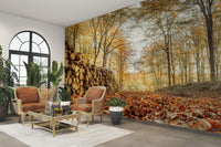 Logs and autumn leaves wallpaper scene

