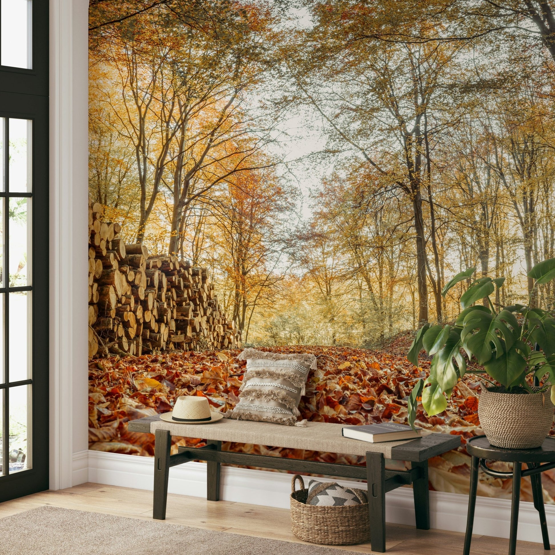 Logs in autumn forest wall mural design

