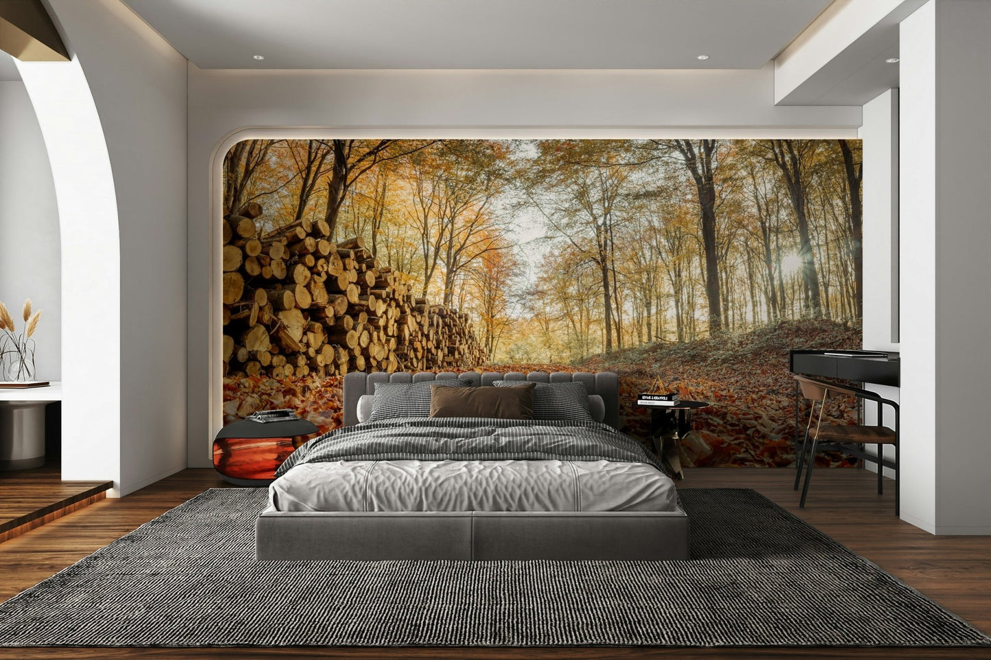 Cozy autumn forest with stacked logs mural

