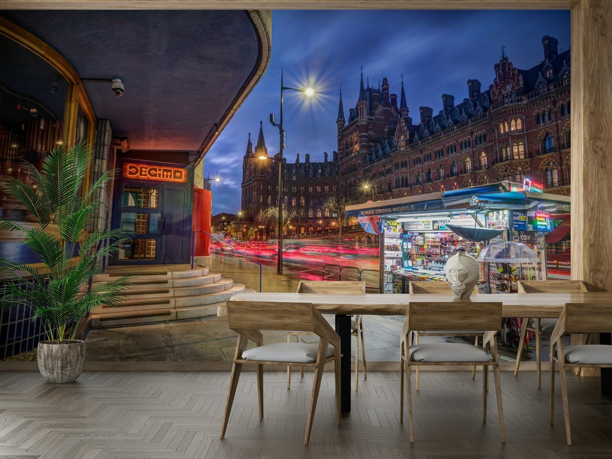 A vibrant city view wall mural for urban decor.

