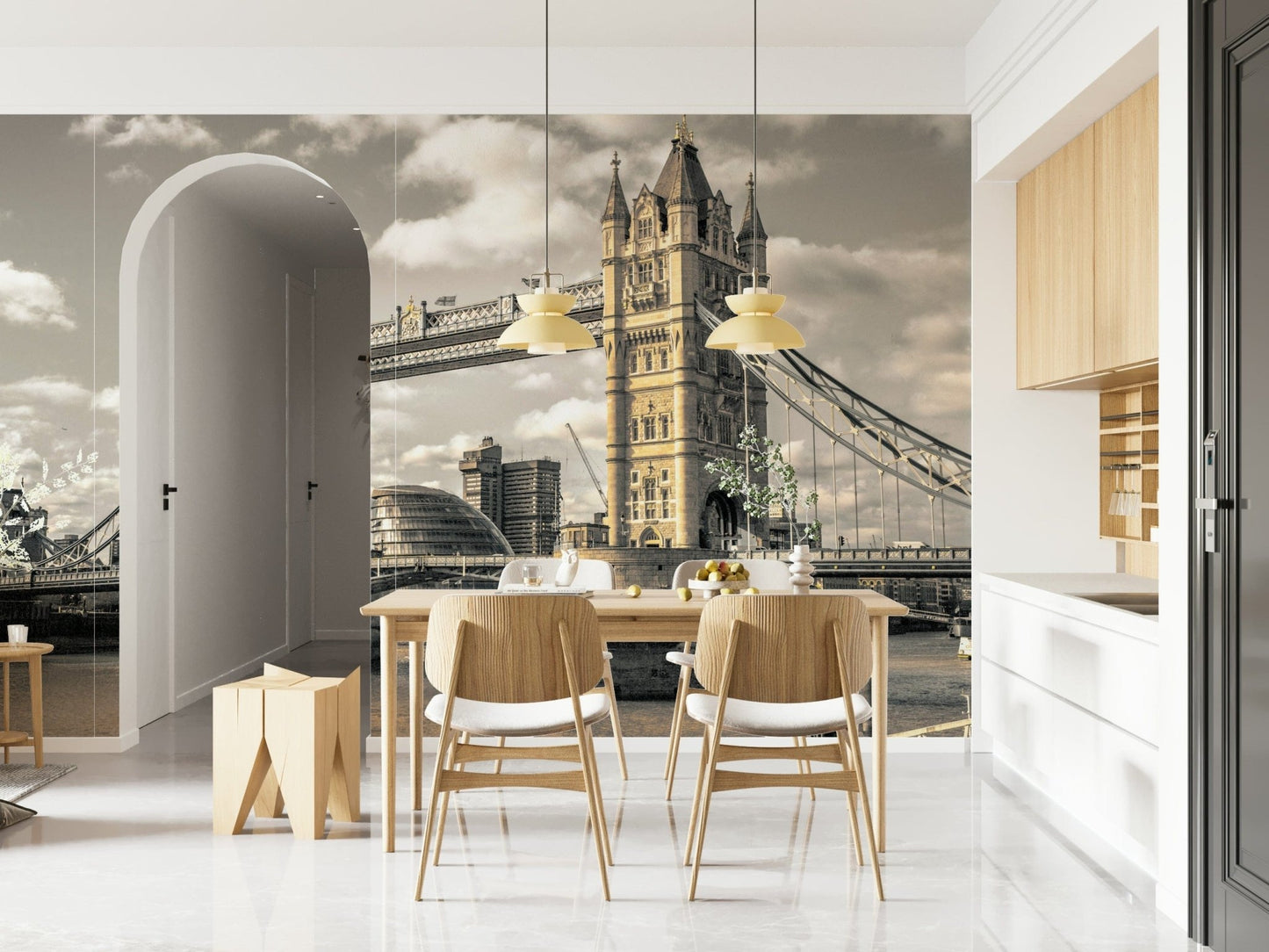 Impressive London Bridge river scene, historical building wallpaper.
