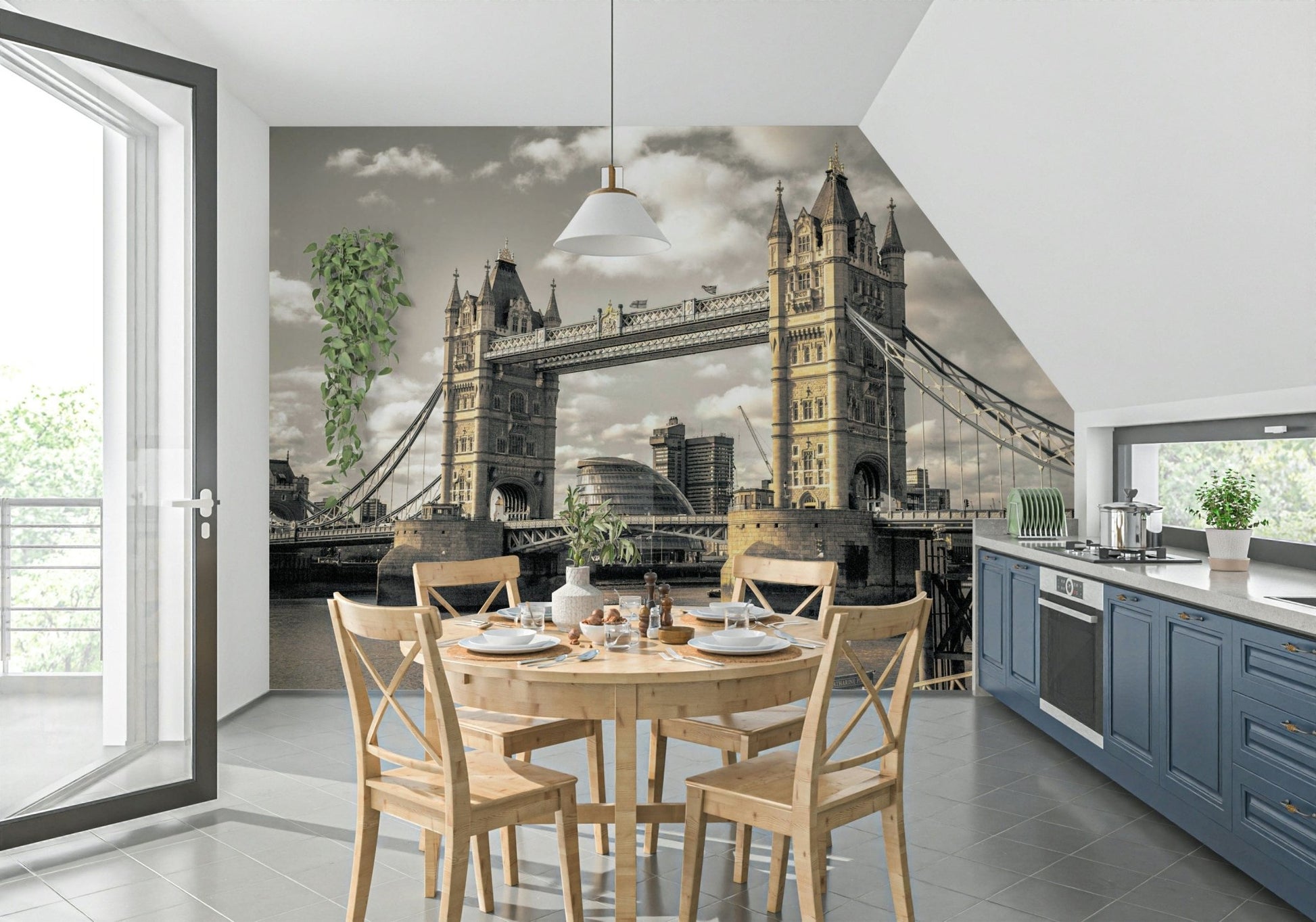 Golden hour London Bridge structure art print wallpaper mural.