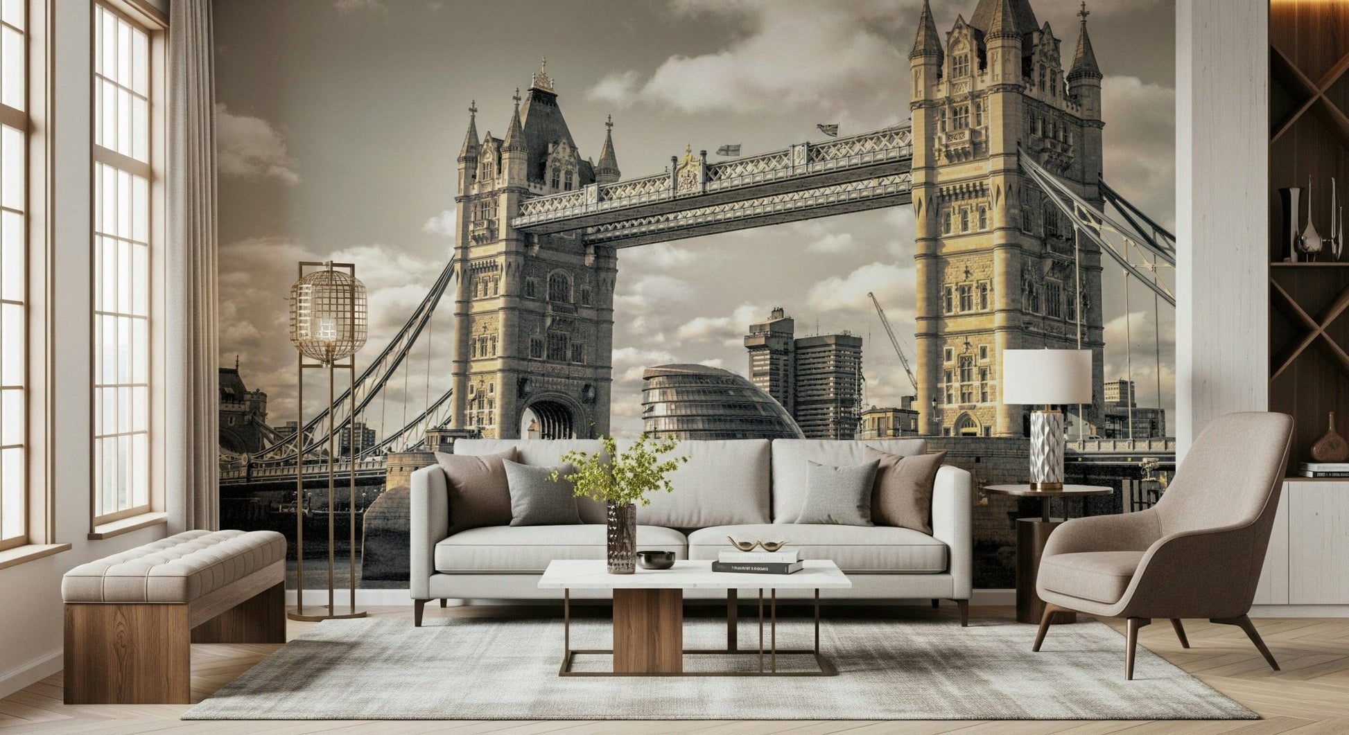 Majestic London Bridge architecture over Thames, luxury mural.