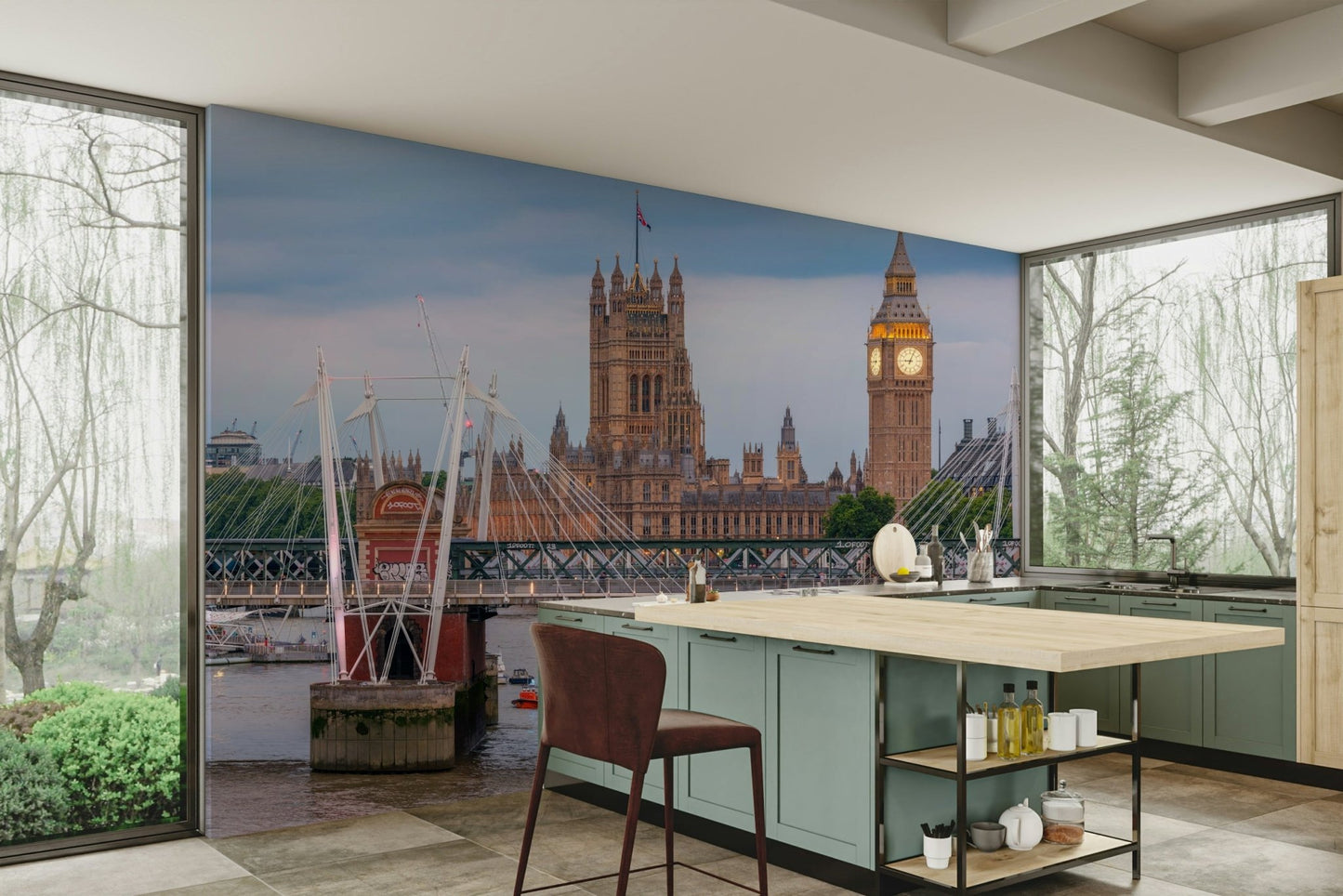 An artistic London skyline mural on minimalist wallpaper.

