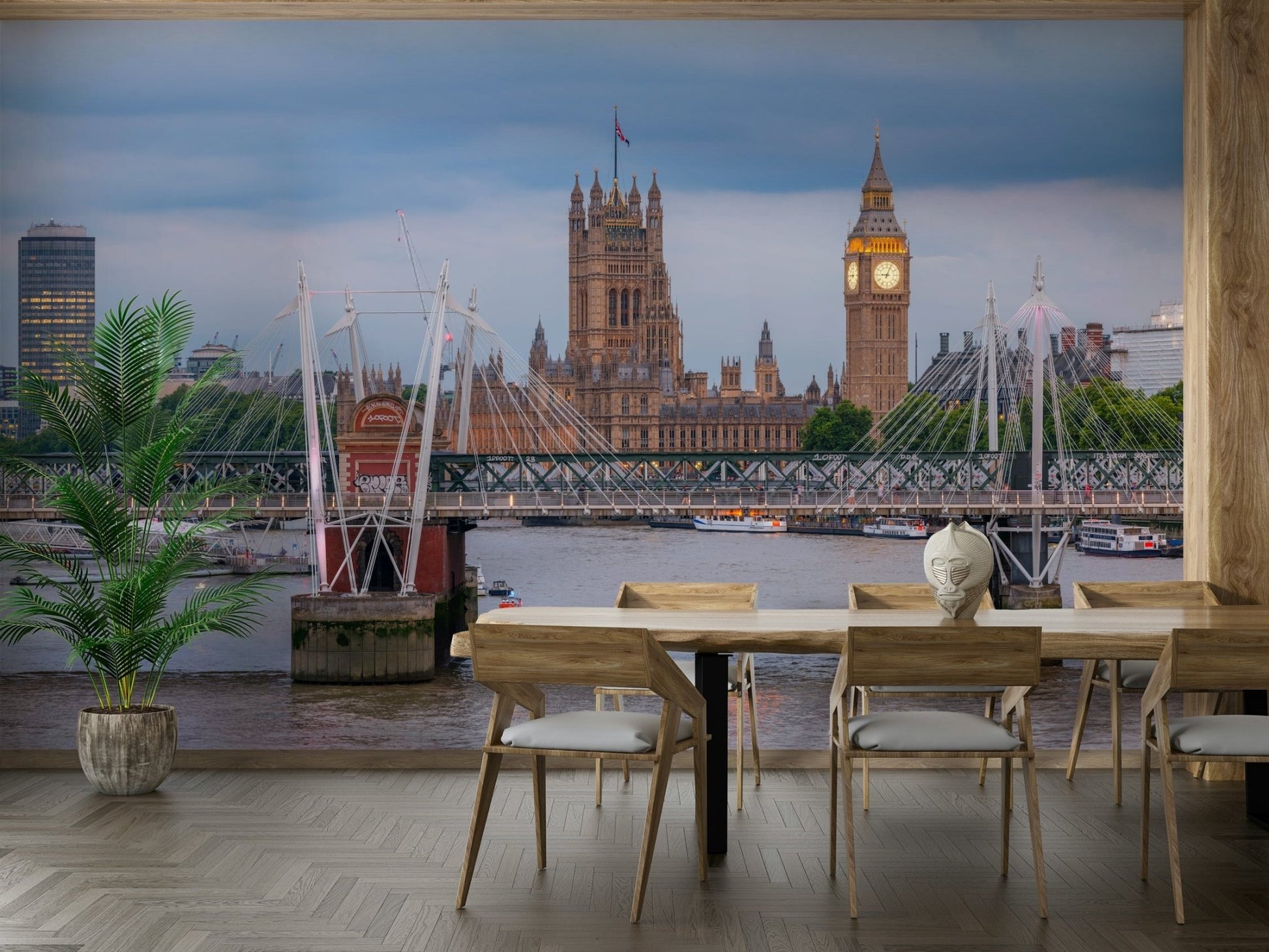 A beautiful modern cityscape wall mural for a living room.

