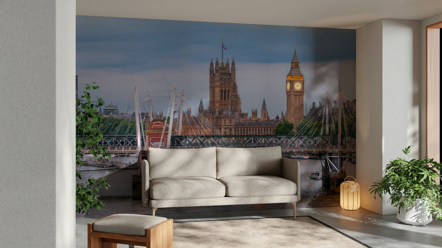 A peaceful urban sunset mural on decorative wallpaper.

