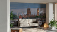 A peaceful urban sunset mural on decorative wallpaper.

