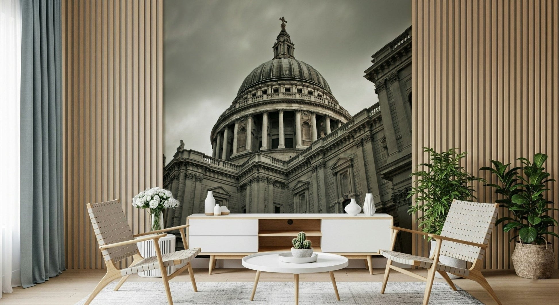 Cityscape wall mural with historical clock tower and bridge.