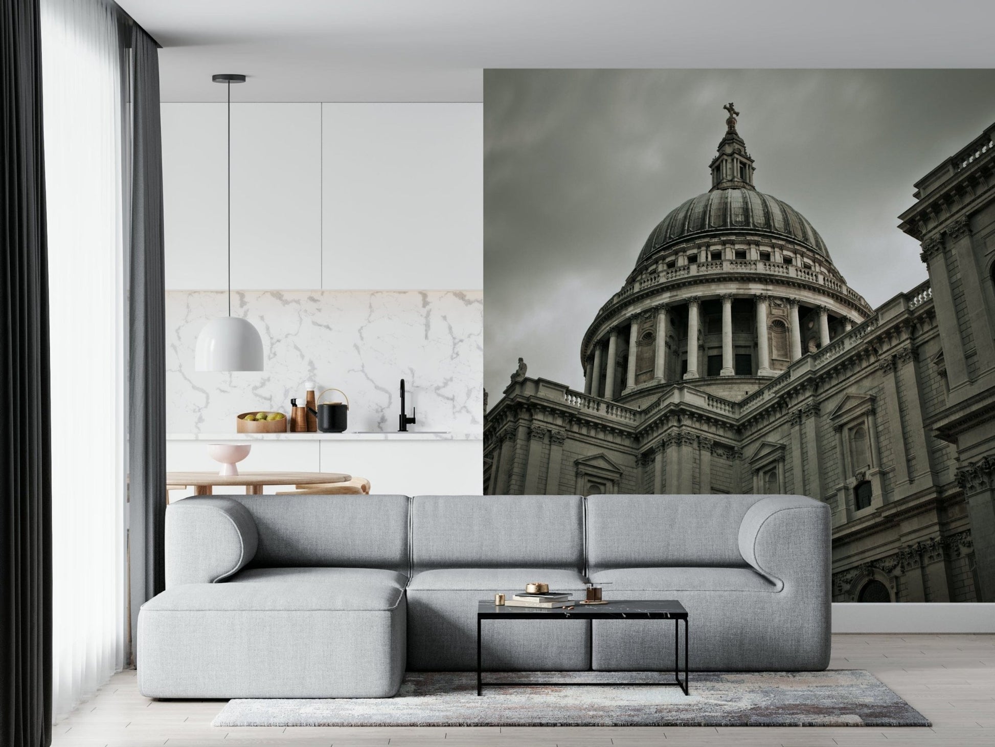 Detailed urban landscape wall mural with cloudy sky and river.