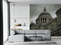 Detailed urban landscape wall mural with cloudy sky and river.