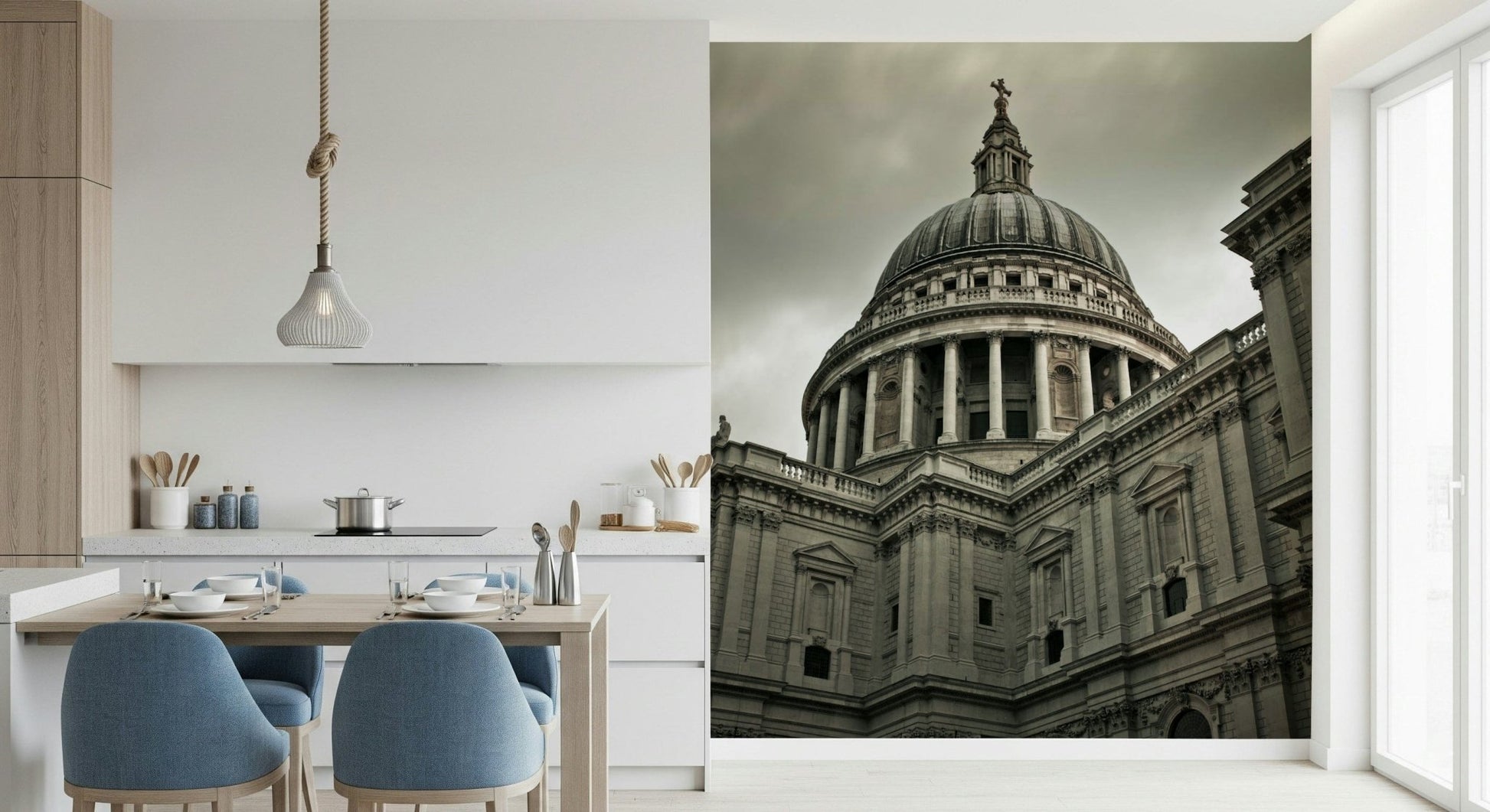 Vintage style city skyline wallpaper for neutral interior themes.