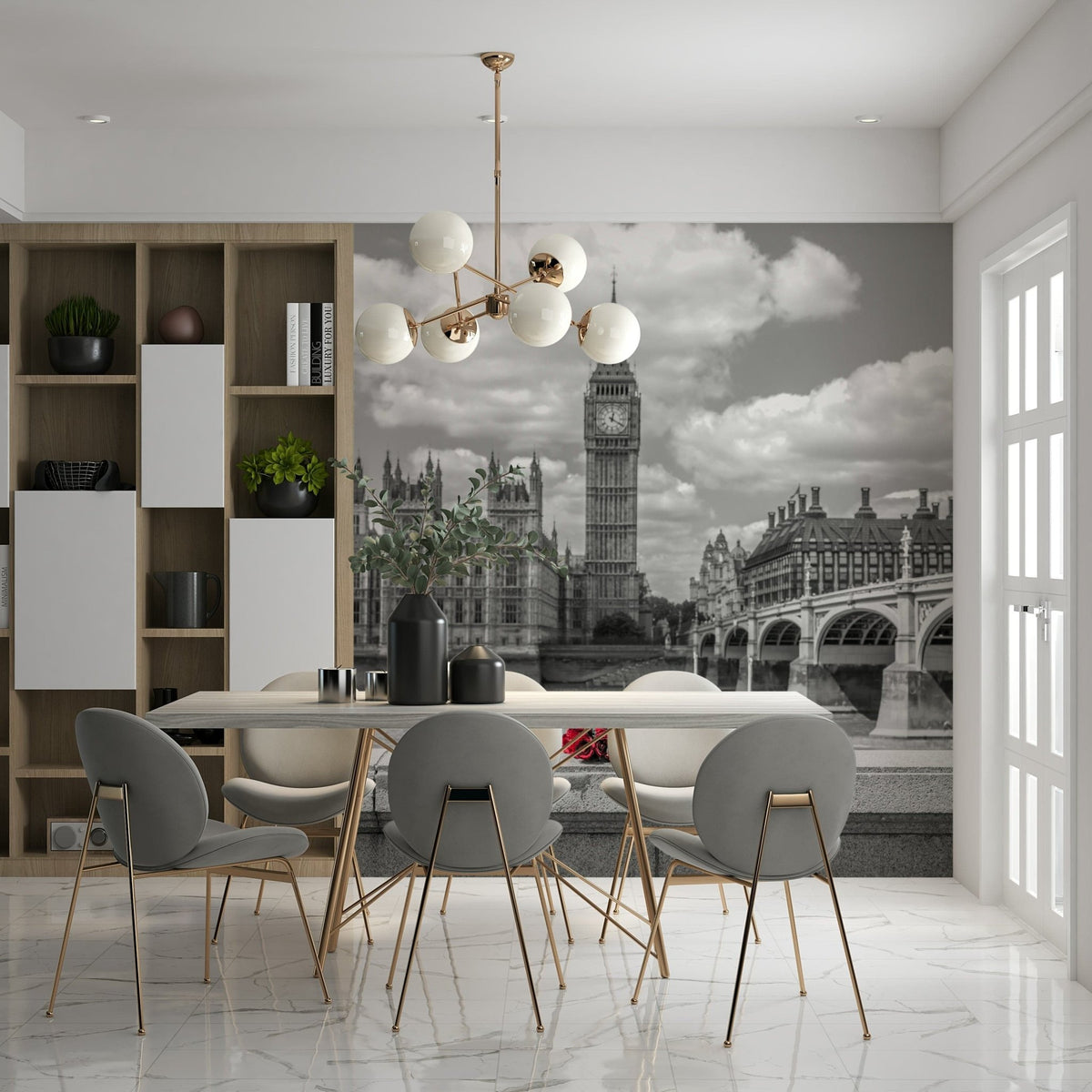 London in Bloom wall mural showing red roses against a monochrome skyline GD7402

