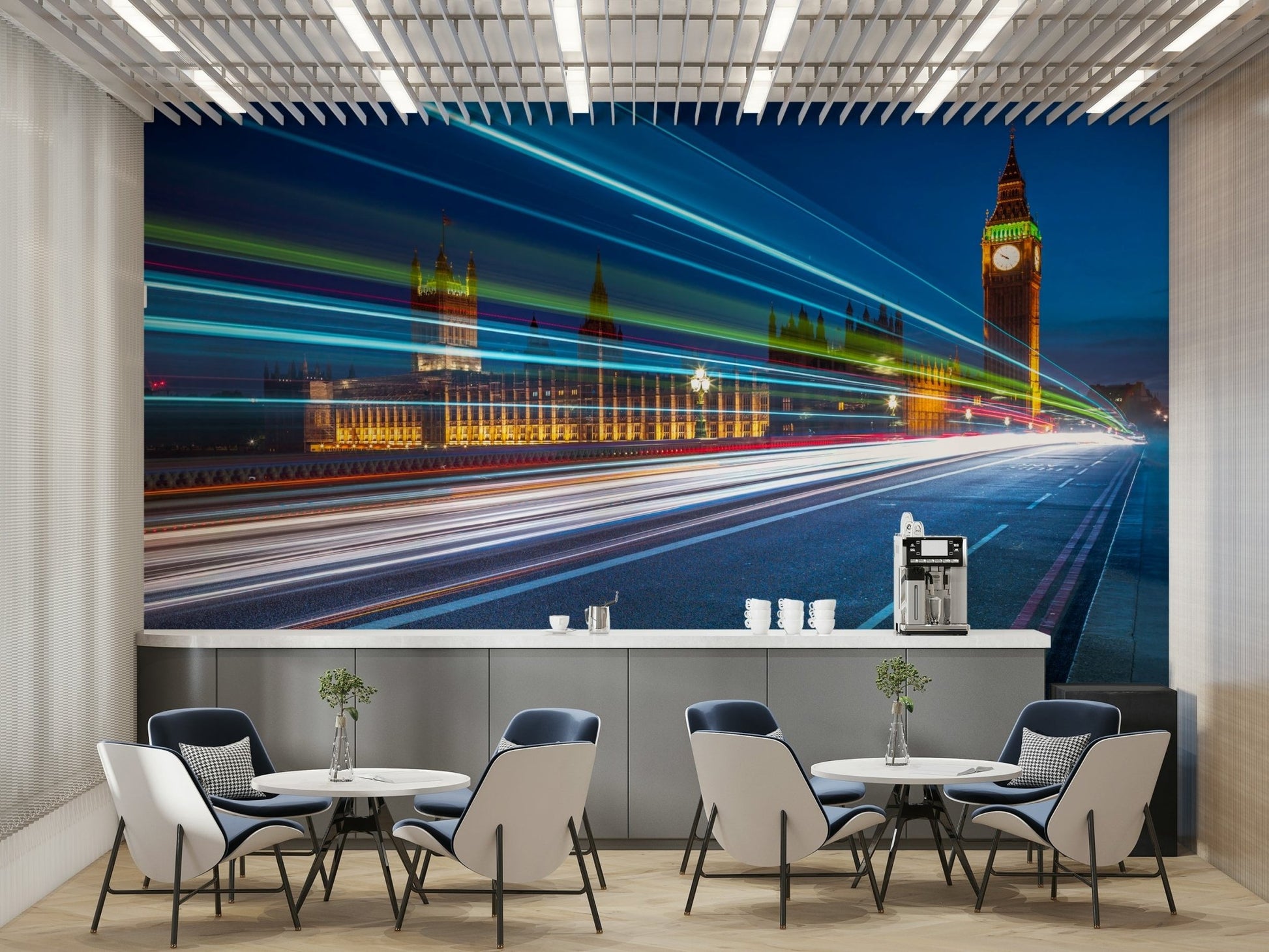 The image shows a sense of motion, perhaps from cars or buses.

