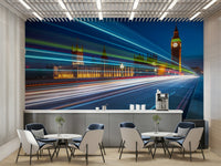 The image shows a sense of motion, perhaps from cars or buses.

