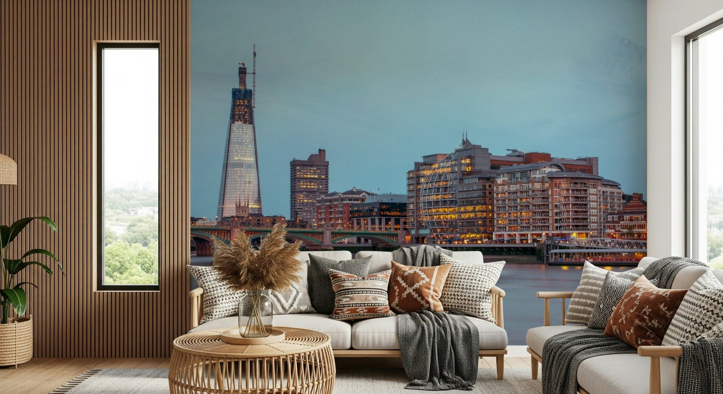 London Luminescence Wall Mural with a deep blue and gold palette.