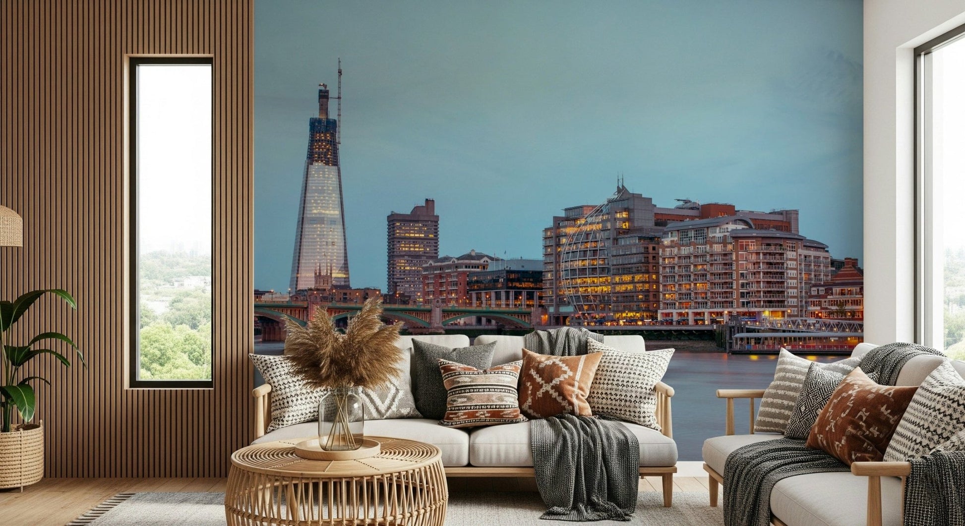 London Luminescence Wall Mural with a deep blue and gold palette.
