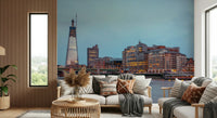 London Luminescence Wall Mural with a deep blue and gold palette.
