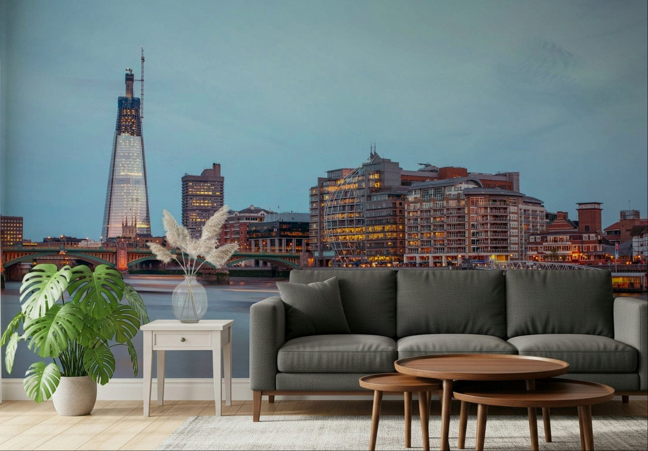 High-contrast wall mural with a vibrant metropolitan evening view.