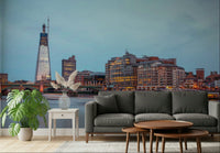 High-contrast wall mural with a vibrant metropolitan evening view.