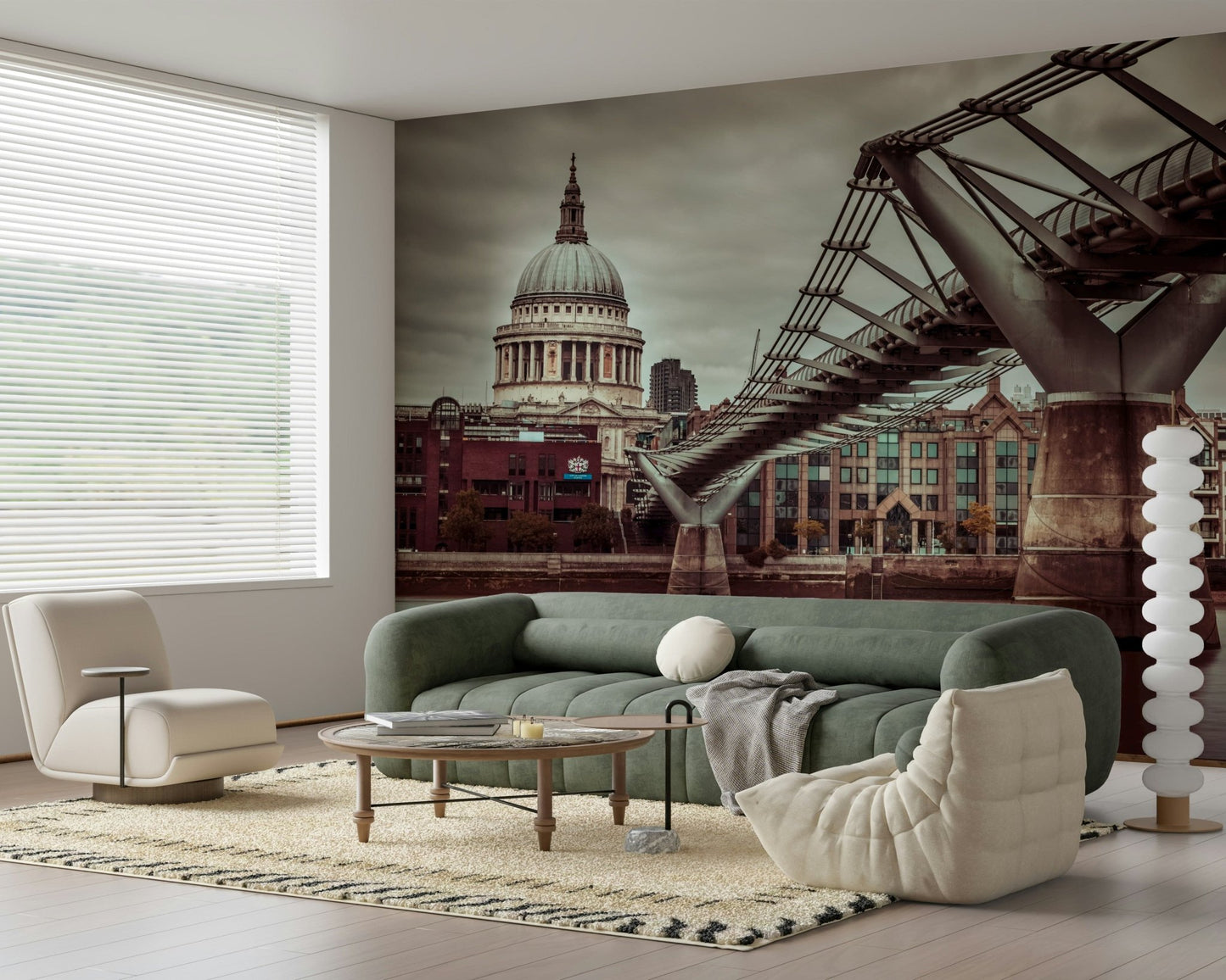 Gritty urban scene mural, famous river view, London Millennial Bridge Vista.