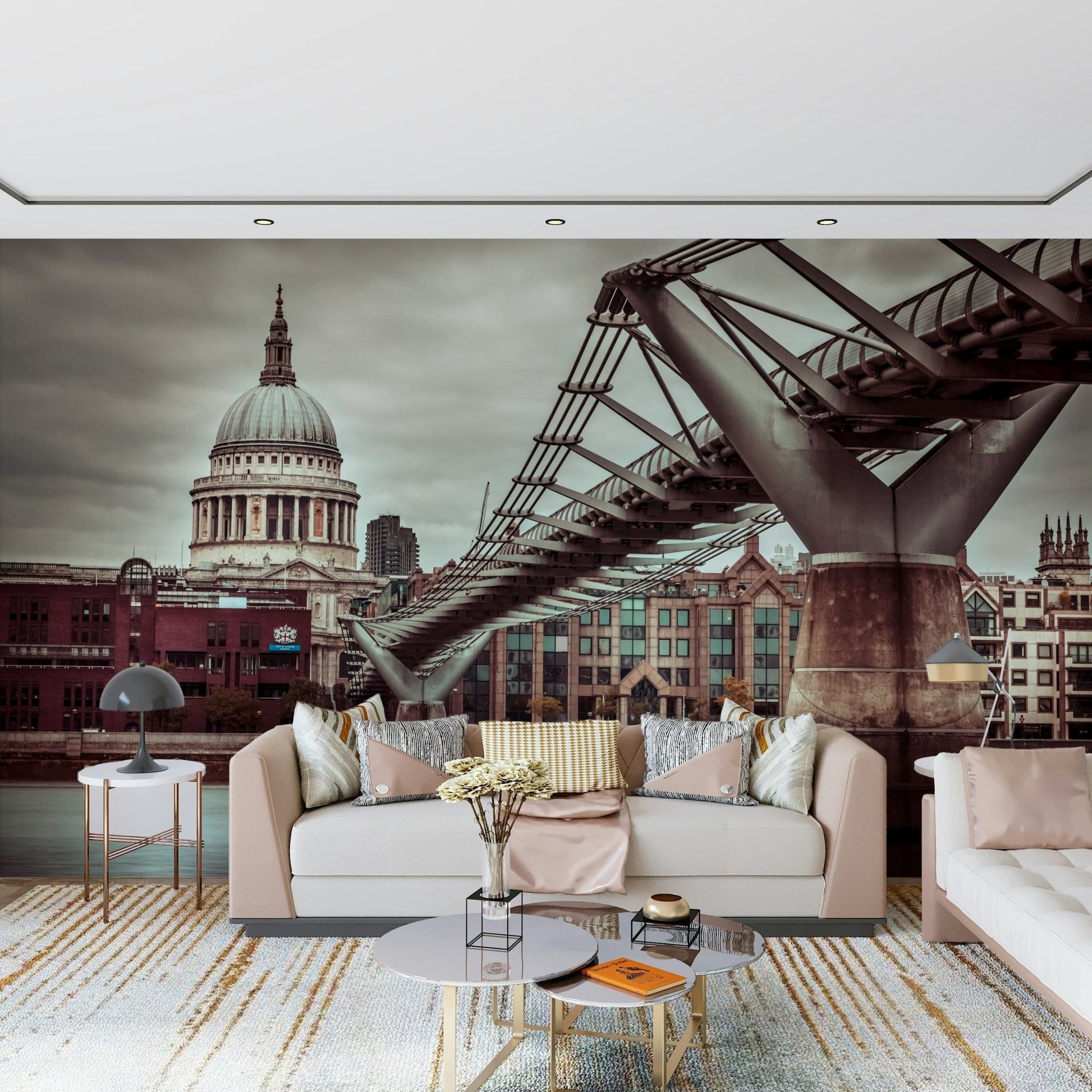 Moody sky wallpaper, modern pedestrian bridge, historic dome backdrop.