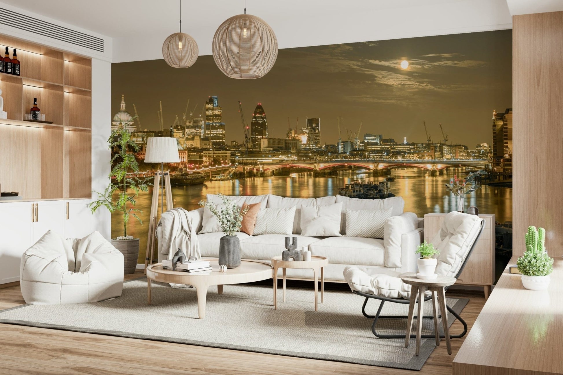 Golden London Nights glow, mural, bustling river commerce view.