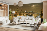Golden London Nights glow, mural, bustling river commerce view.