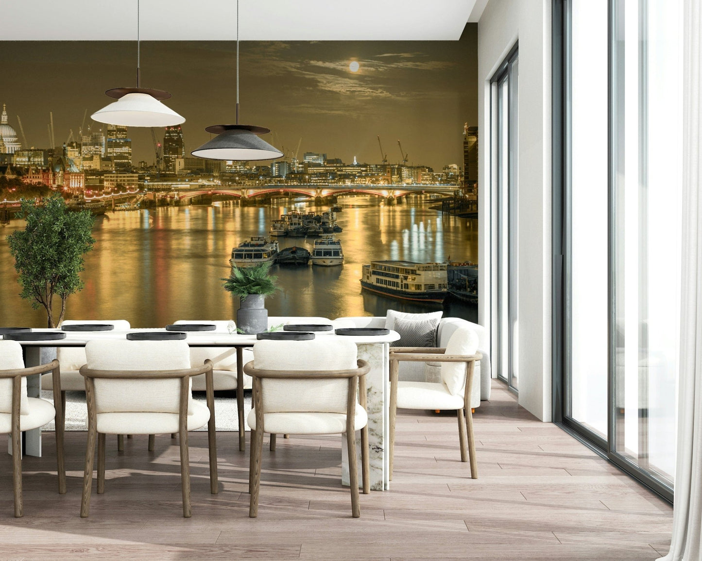 Iconic London Nights skyline, wall mural, moonlit river reflection.