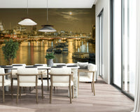 Iconic London Nights skyline, wall mural, moonlit river reflection.