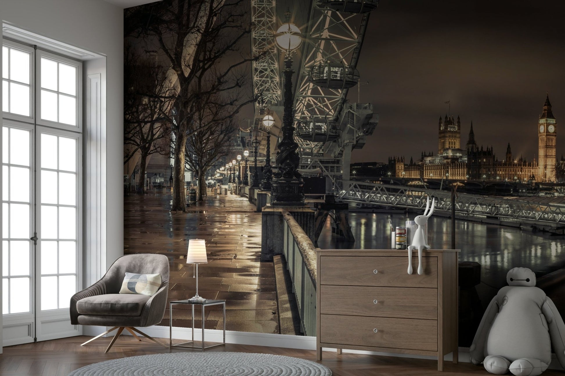 London skyline mural with evening ambience

