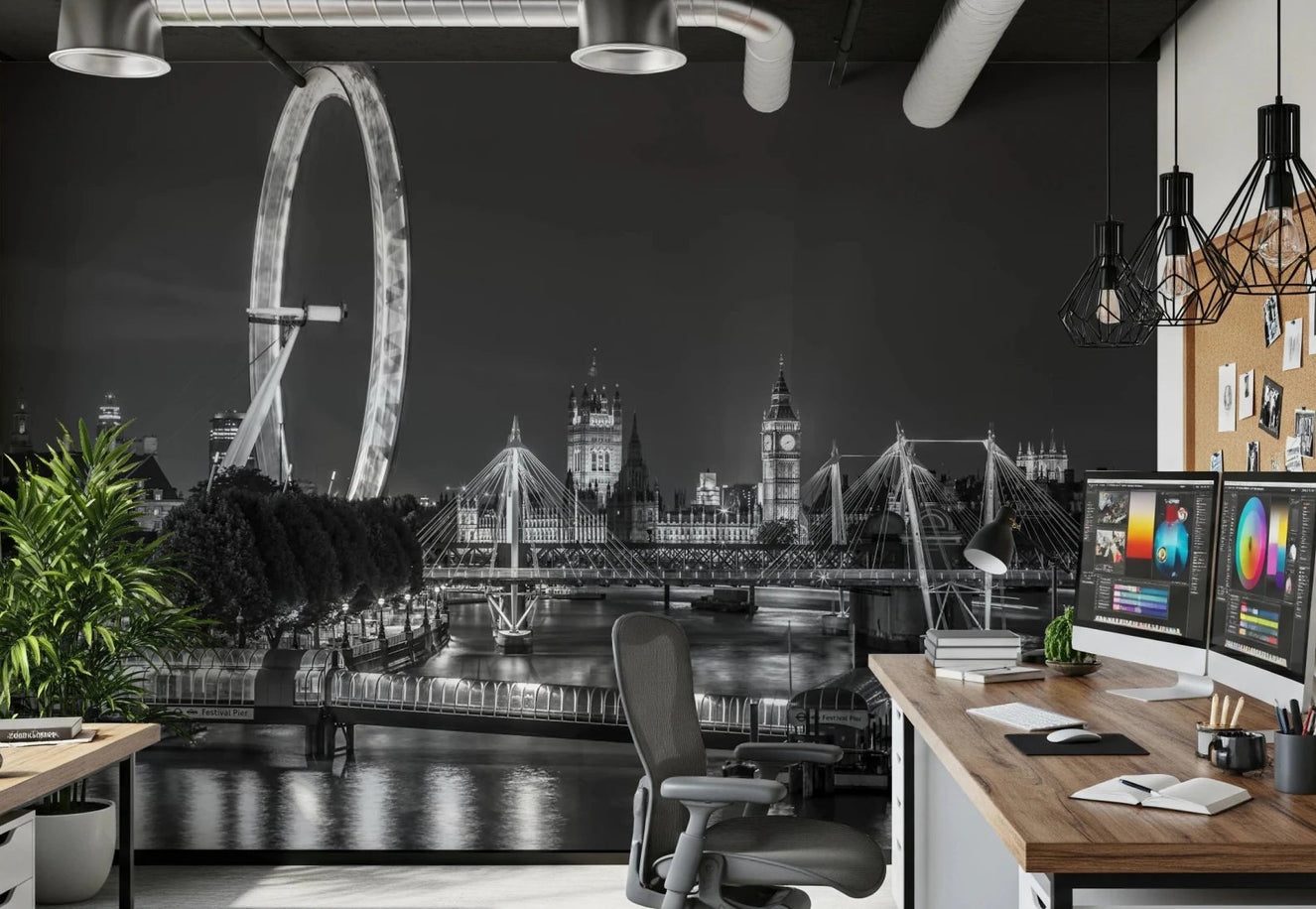 London River Views wall mural in office area with night skyline