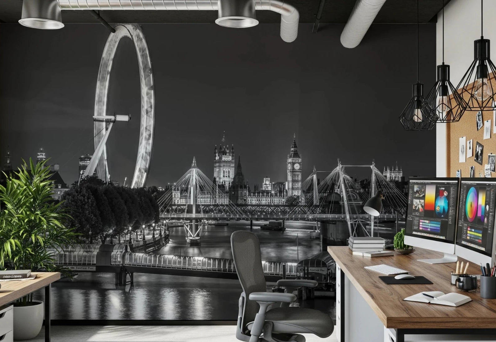 London River Views wall mural in office area with night skyline, GD8758
