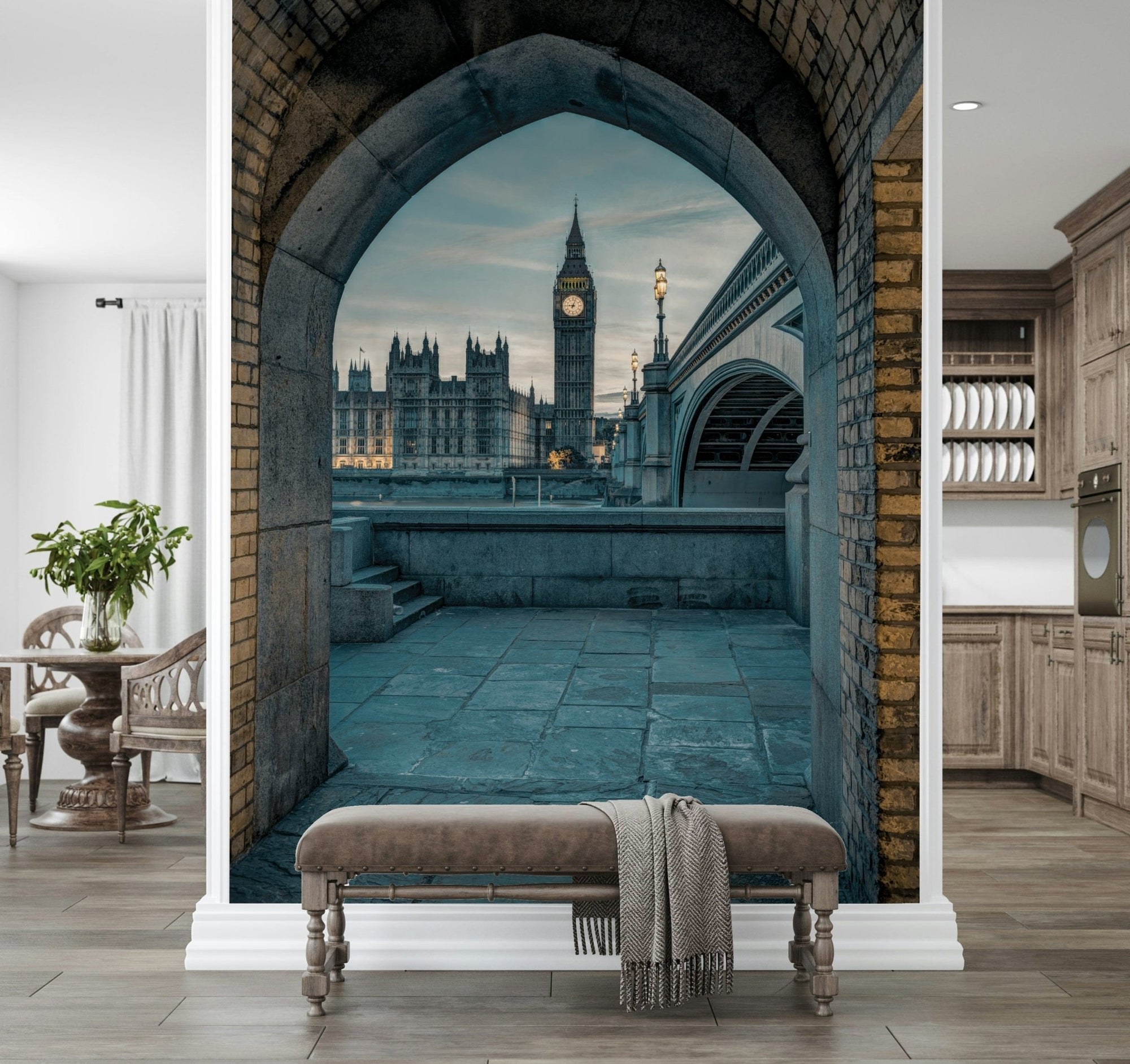 London Through Time wall mural showing Big Ben framed by a stone arch GD7404
