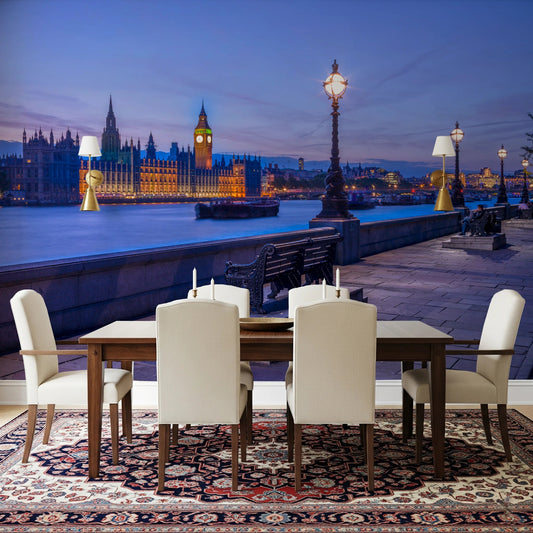 London Twilight wall mural in dining room with riverside lights