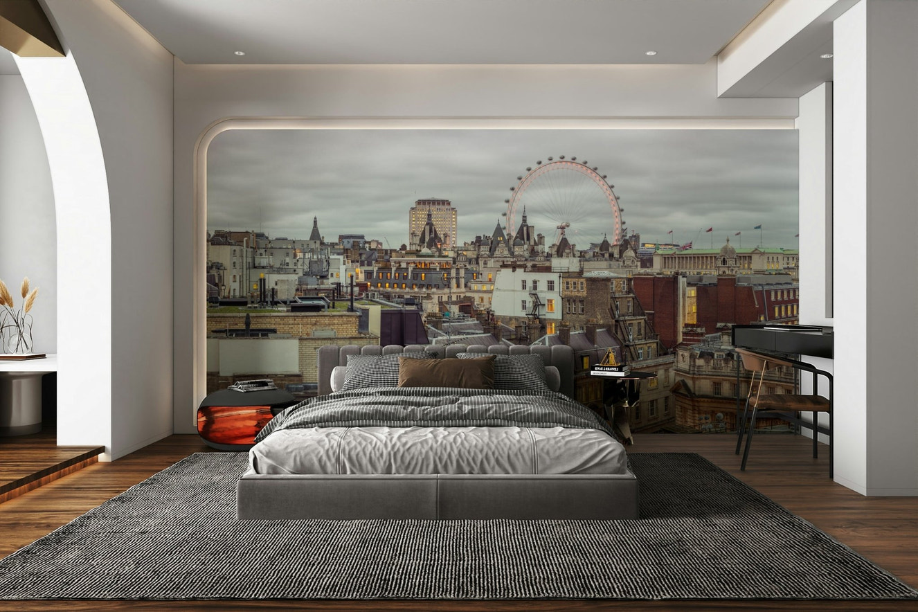 An elegant wall mural with a view of the London skyline.

