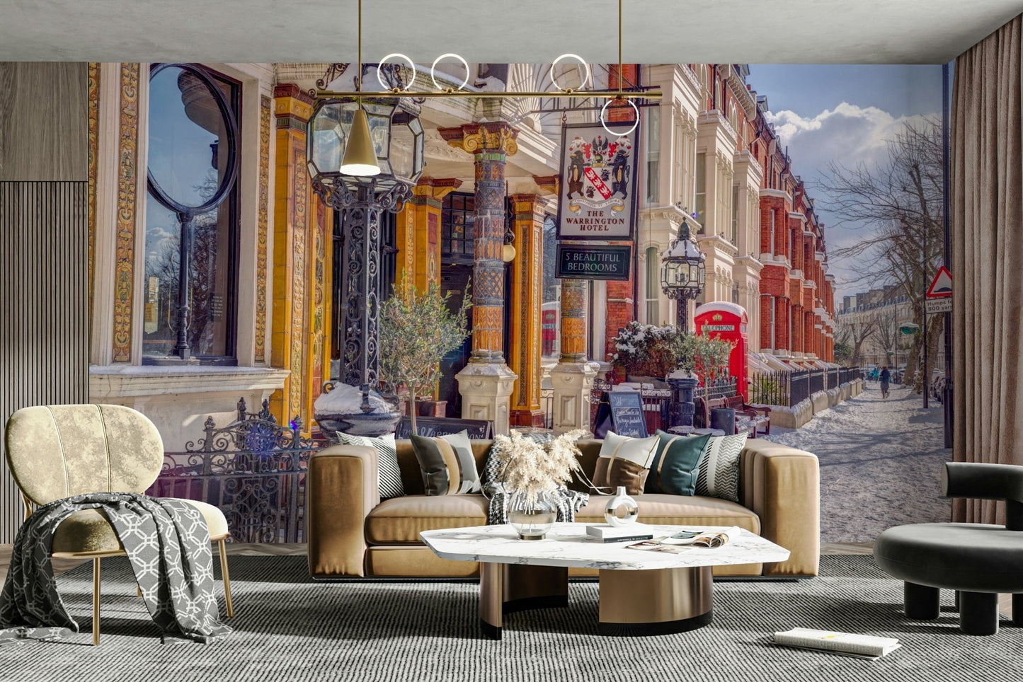 Cozy streetlights casting a warm glow.

