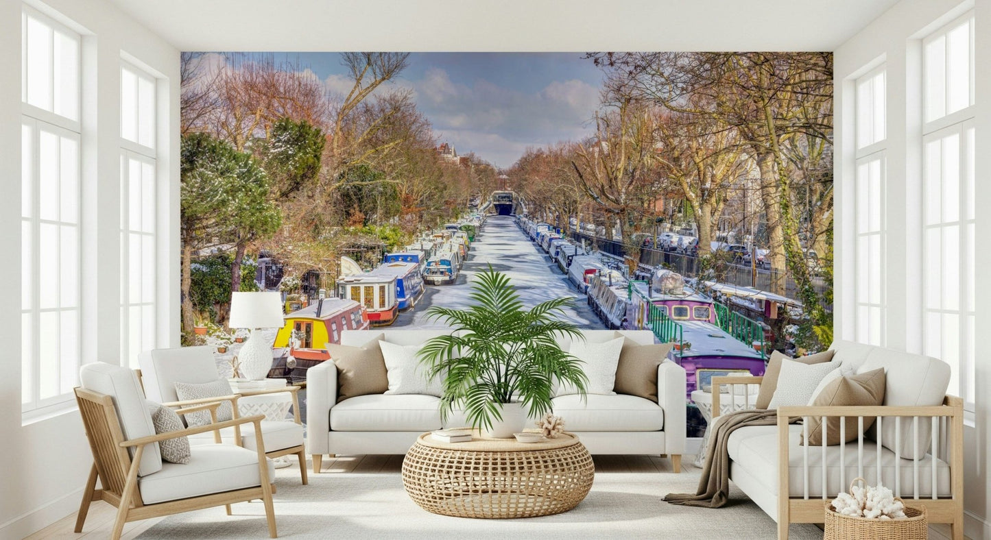 Traditional city buildings reflected in a frozen canal wall mural.
