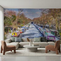 Detailed London's Frosted Waterways Wall Mural with snow-dusted trees.