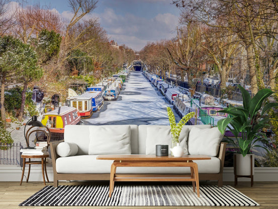 London's Frosted Waterways Wall Mural with misty canal and historic bridges., GD1947