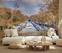 Winter cityscape wallpaper featuring a quiet river scene in cool blue tones.
