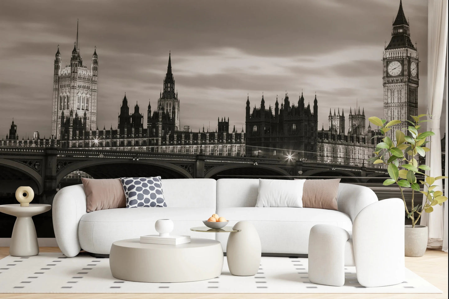 Cozy living room arranged with London’s Majesty Wall Mural and bridge view