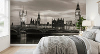 Bedroom corner featuring London’s Majesty Wall Mural and monochrome skyline