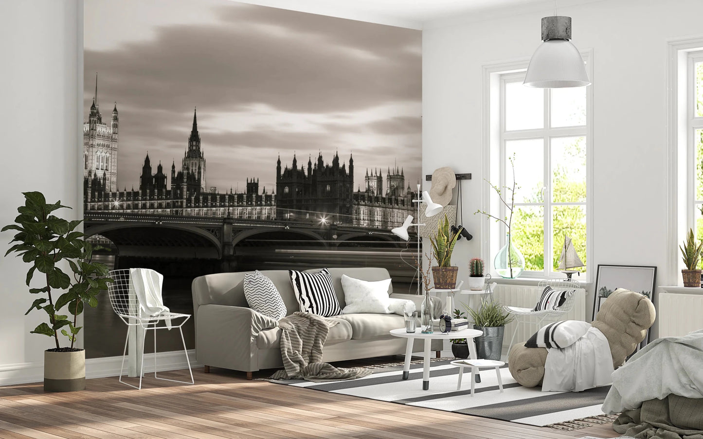 Bright sitting space enhanced by London’s Majesty Wall Mural and skyline tones