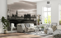 Bright sitting space enhanced by London’s Majesty Wall Mural and skyline tones