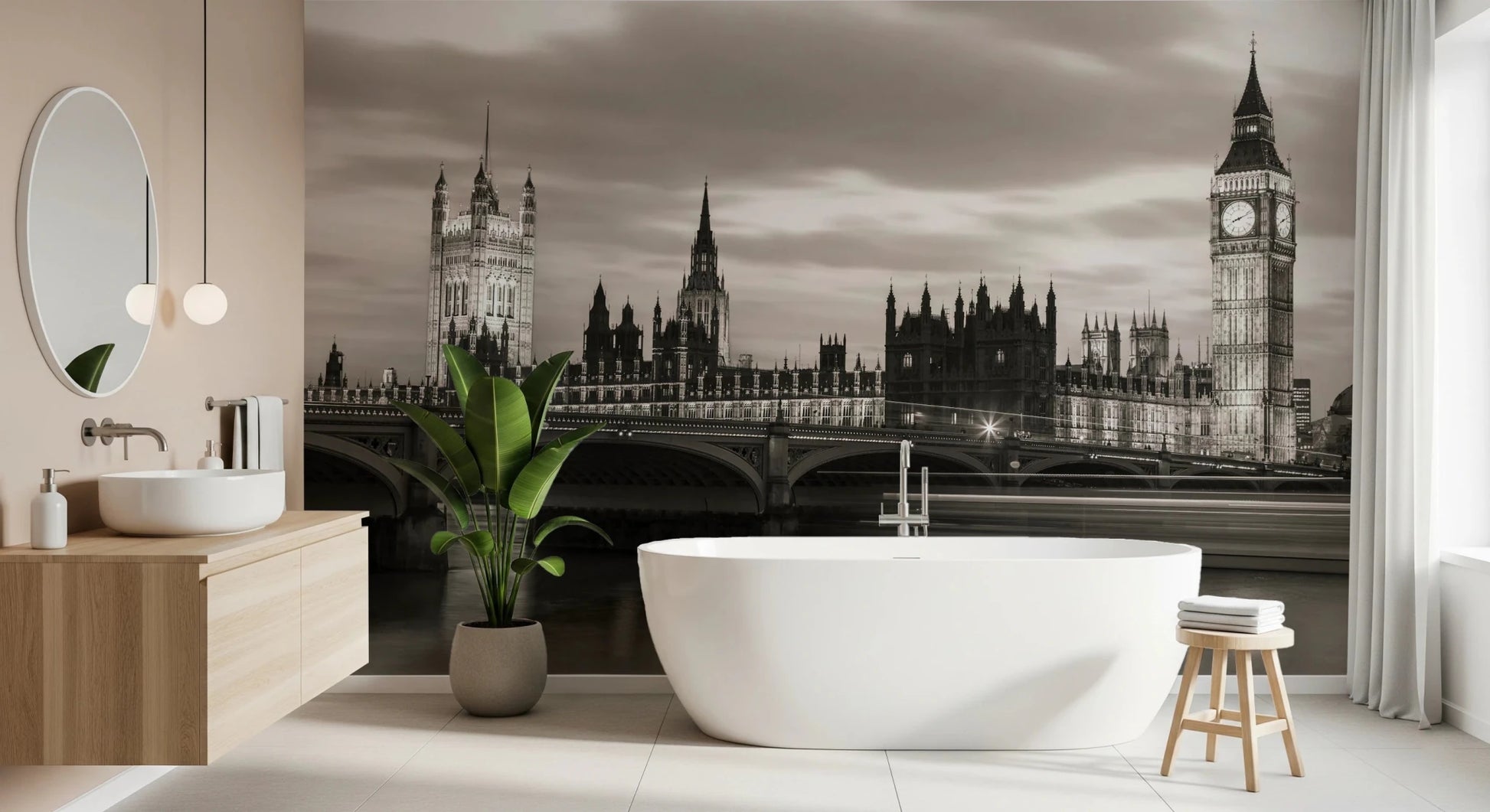 Bathroom interior styled with London’s Majesty Wall Mural and historic skyline