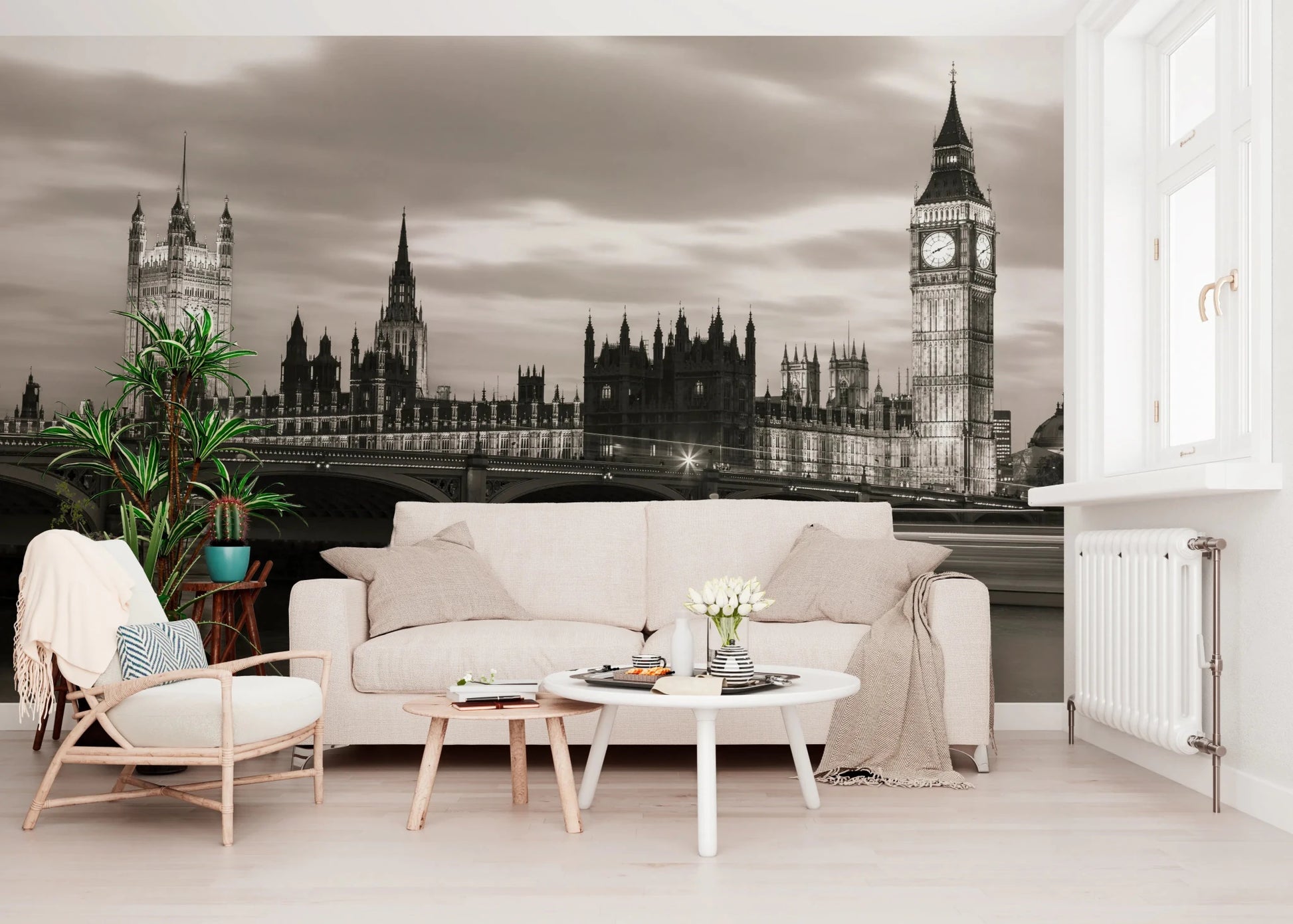 Minimal lounge styled with London’s Majesty Wall Mural and calm river view