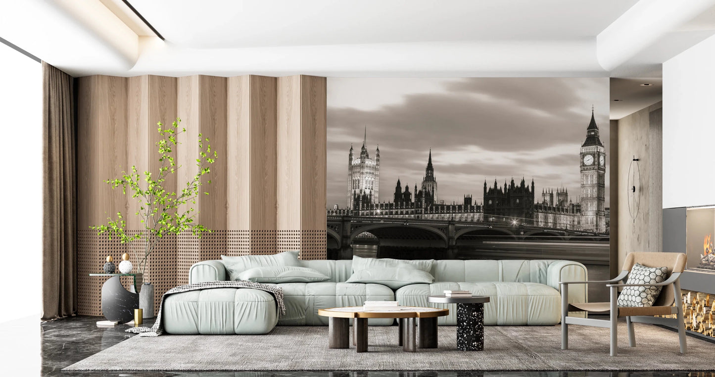 Spacious living area using London’s Majesty Wall Mural and classic cityscape