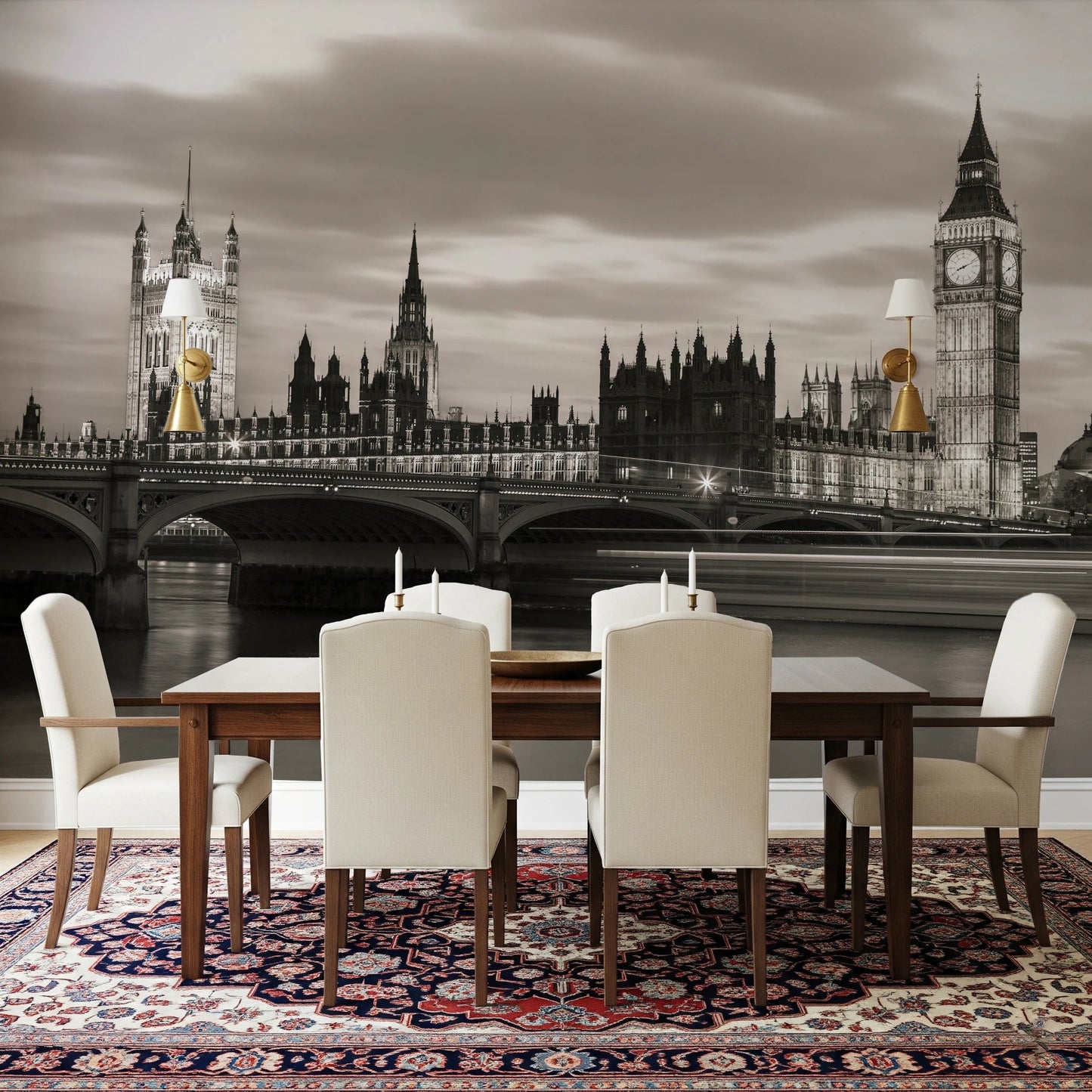 Dining area using London’s Majesty Wall Mural and city backdrop
