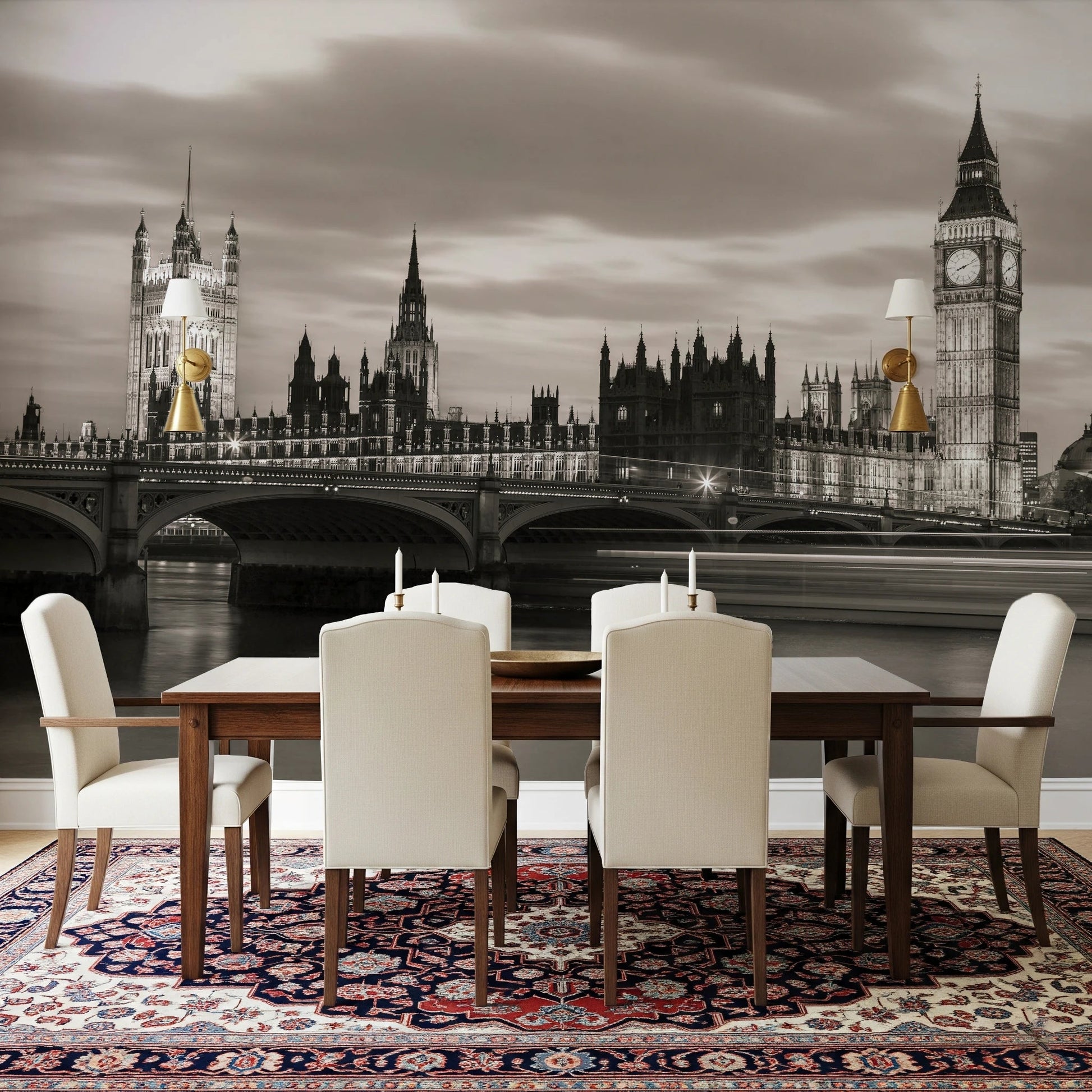 Dining area using London’s Majesty Wall Mural and city backdrop